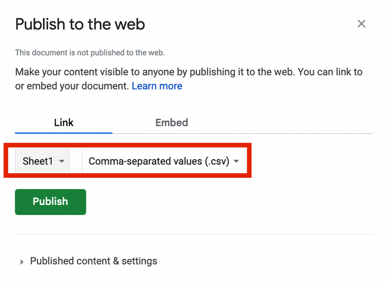 External Data - Google Sheets - Publish