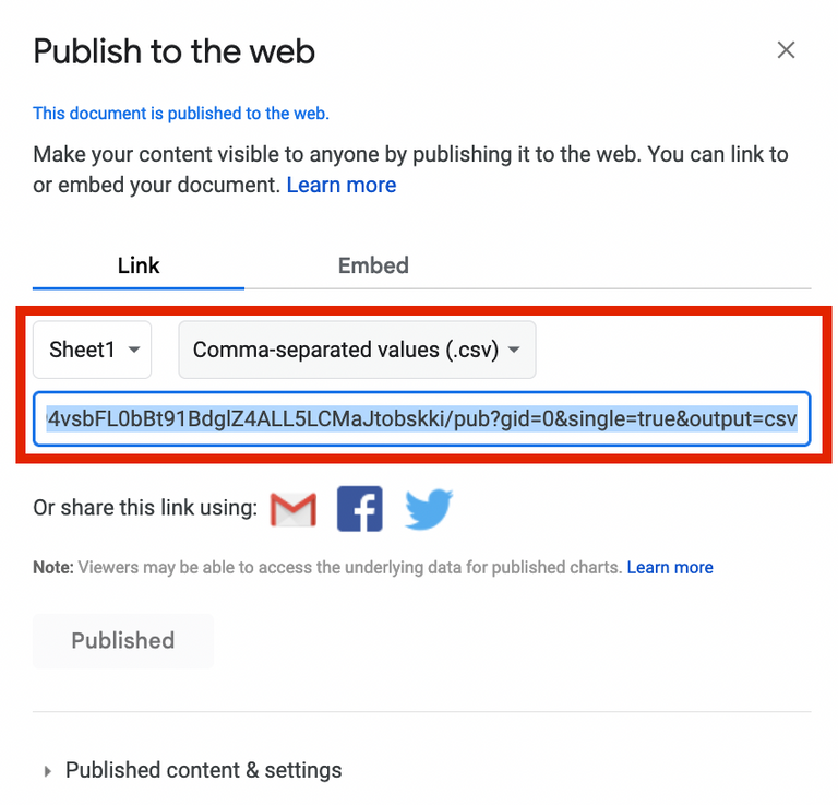 External Data - Google Sheets - Publish