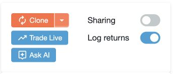 Use the Sharing switch on Overview to control access to a backtest. Sharing is off in this example.