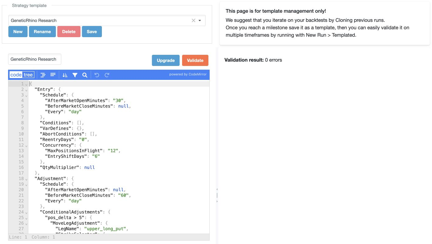 An editable GeneticRhino research template with validation and template-management controls.